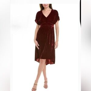 CAbi Grace Tribute Crushed Velvet Dress in Burgundy With a High-Low Hem. XS